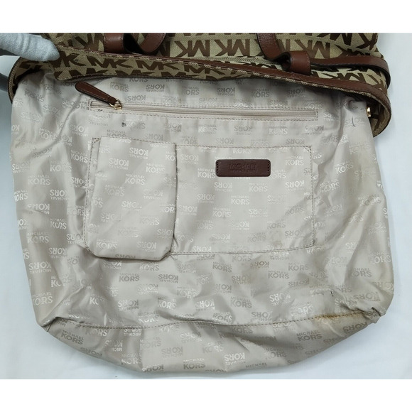 Michael Kors Brown Canvas Leather Trim MK Printed Double Handle Zipper Tote Bag - Picture 12 of 16